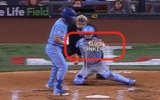 Screen capture of baseball game showing overlay above home plate